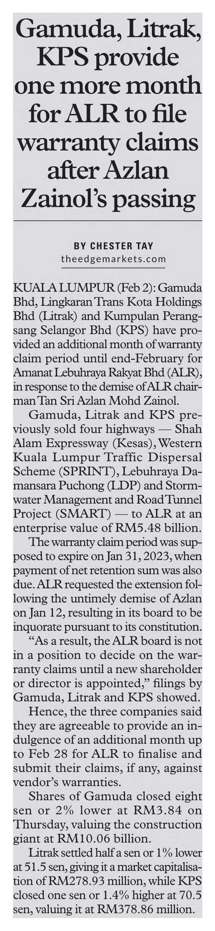 3Feb23 The Edge  CEO Morning Brief Gamuda,Litrak,KPS provide one more month for ALR